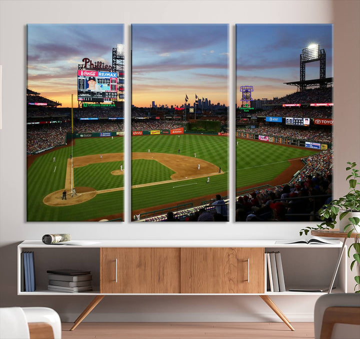 Citizens Bank Park Philadelphia Phillies Wall Art Canvas | 3-Panel Canvas Print of Phillies Stadium | Large Framed Baseball Wall Decor | MLB