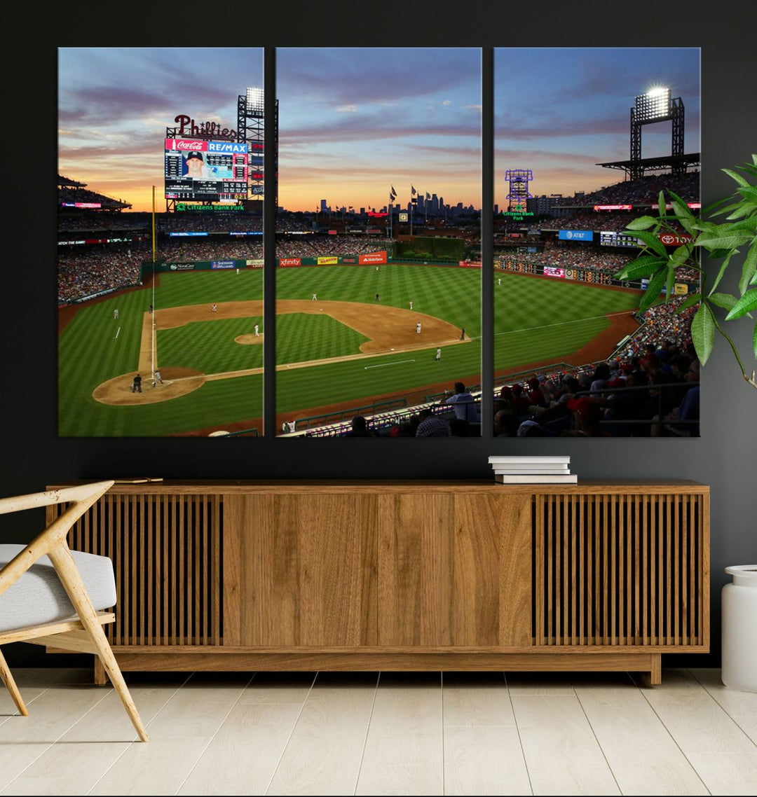 Citizens Bank Park Philadelphia Phillies Wall Art Canvas | 3-Panel Canvas Print of Phillies Stadium | Large Framed Baseball Wall Decor | MLB