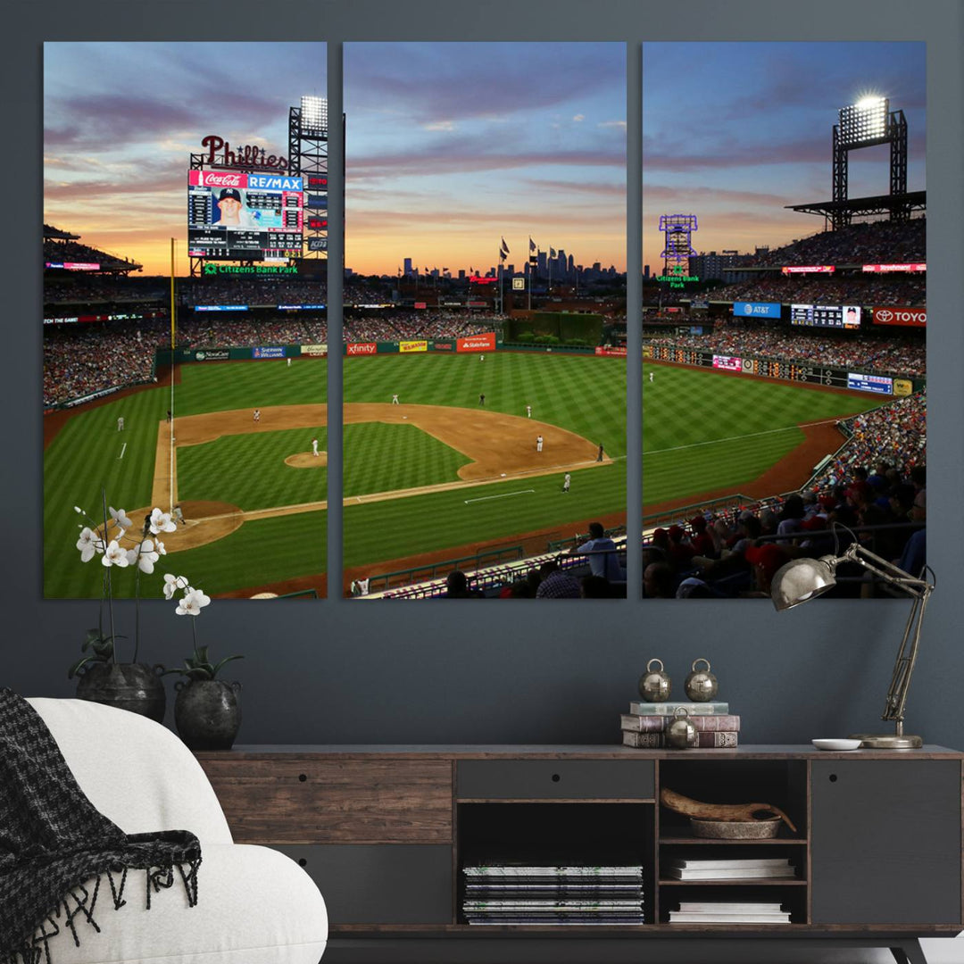 Citizens Bank Park Philadelphia Phillies Wall Art Canvas | 3-Panel Canvas Print of Phillies Stadium | Large Framed Baseball Wall Decor | MLB