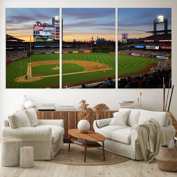 Citizens Bank Park Philadelphia Phillies Wall Art Canvas | 3-Panel Canvas Print of Phillies Stadium | Large Framed Baseball Wall Decor | MLB