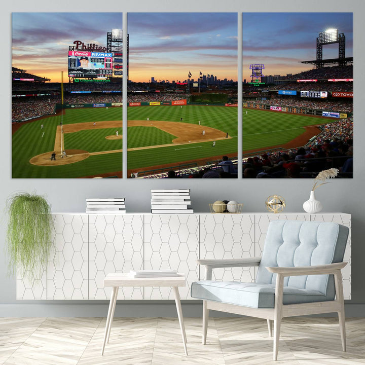 Citizens Bank Park Philadelphia Phillies Wall Art Canvas | 3-Panel Canvas Print of Phillies Stadium | Large Framed Baseball Wall Decor | MLB