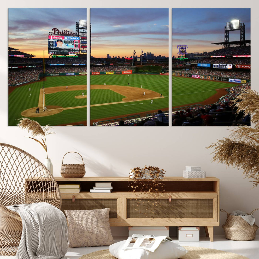13778-MGV-CV-36X24-Citizens Bank Park Philadelphia Phillies Wall Art Canvas | 3-Panel Canvas Print of Phillies Stadium | Large Framed Baseball Wall Decor | MLB