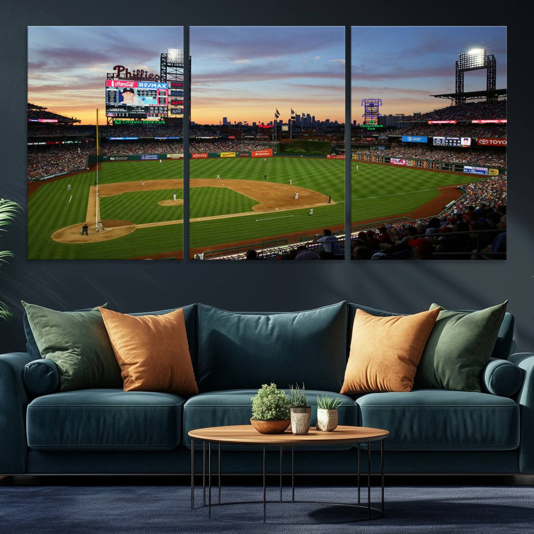 13778-MGV-CV-36X24-Citizens Bank Park Philadelphia Phillies Wall Art Canvas | 3-Panel Canvas Print of Phillies Stadium | Large Framed Baseball Wall Decor | MLB