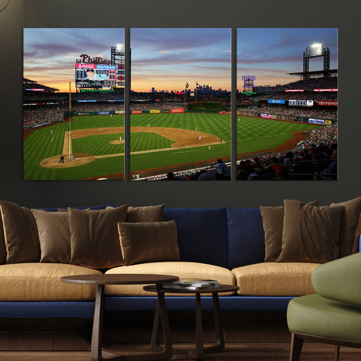 13778-MGV-CV-36X24-Citizens Bank Park Philadelphia Phillies Wall Art Canvas | 3-Panel Canvas Print of Phillies Stadium | Large Framed Baseball Wall Decor | MLB