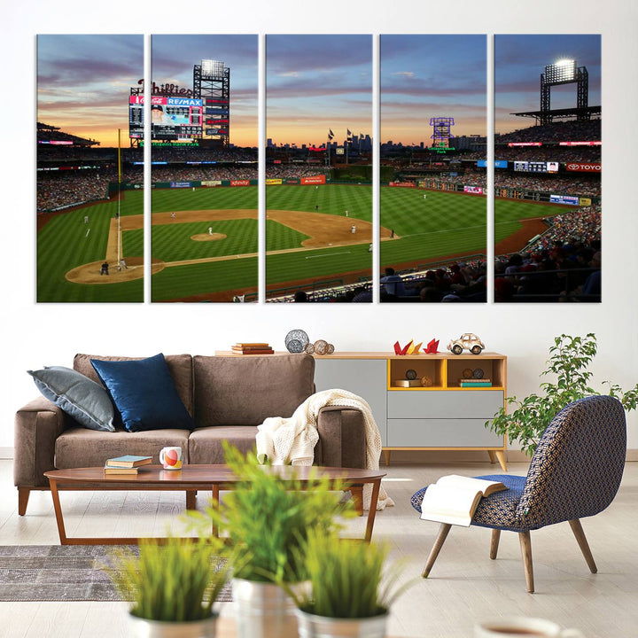 13778-MGV-CV-36X24-Citizens Bank Park Philadelphia Phillies Wall Art Canvas | 3-Panel Canvas Print of Phillies Stadium | Large Framed Baseball Wall Decor | MLB