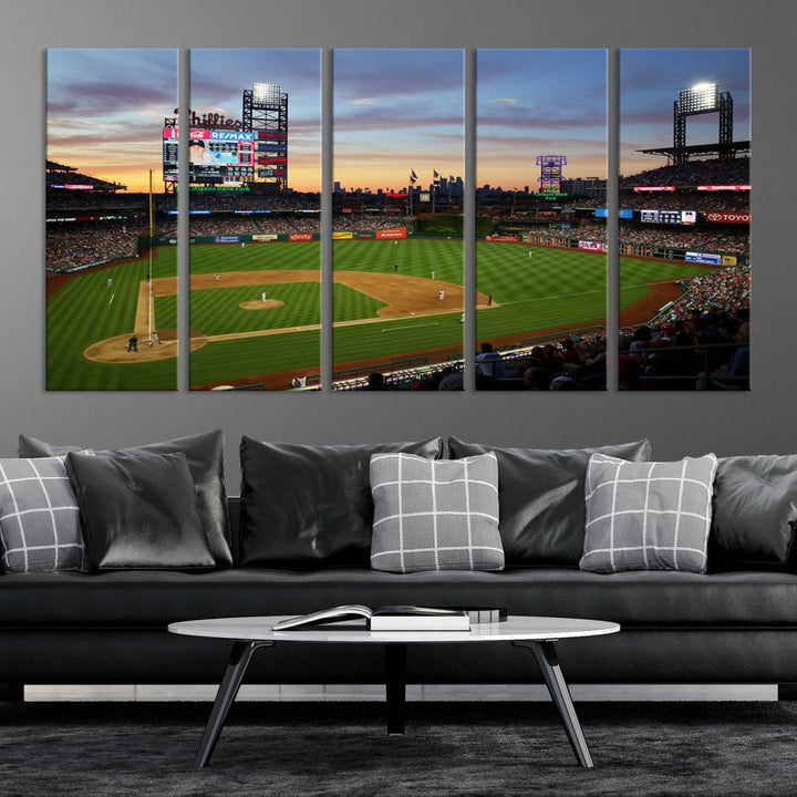 13778-MGV-CV-36X24-Citizens Bank Park Philadelphia Phillies Wall Art Canvas | 3-Panel Canvas Print of Phillies Stadium | Large Framed Baseball Wall Decor | MLB