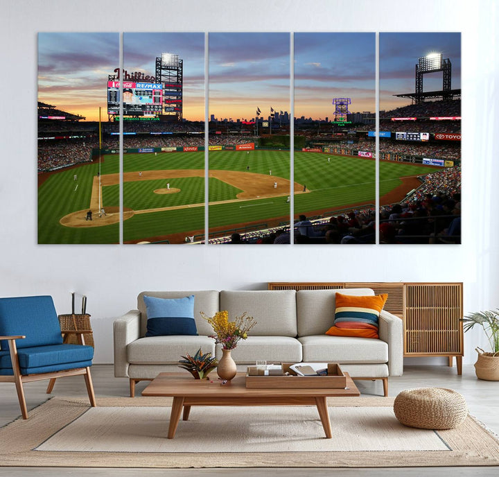 13778-MGV-CV-36X24-Citizens Bank Park Philadelphia Phillies Wall Art Canvas | 3-Panel Canvas Print of Phillies Stadium | Large Framed Baseball Wall Decor | MLB