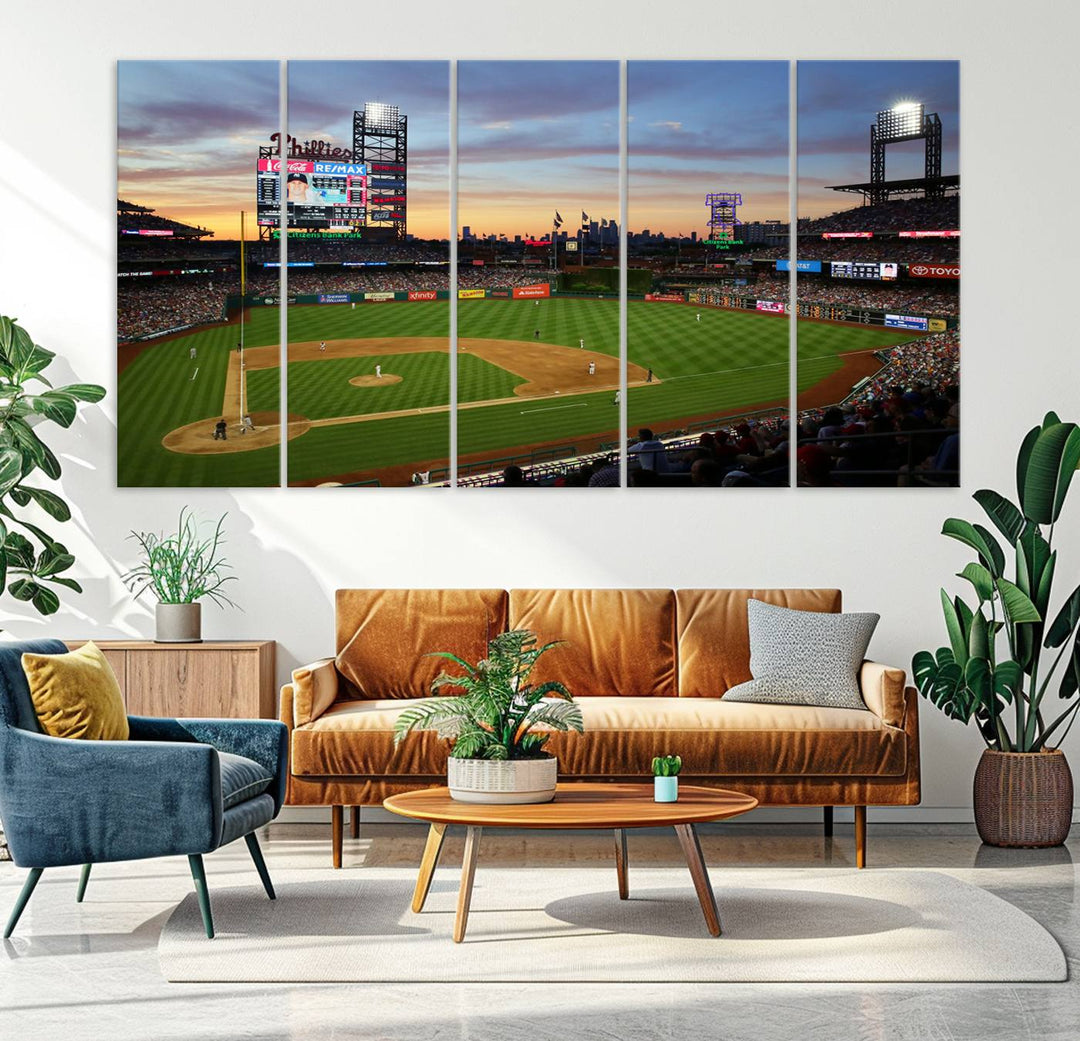 13778-MGV-CV-36X24-Citizens Bank Park Philadelphia Phillies Wall Art Canvas | 3-Panel Canvas Print of Phillies Stadium | Large Framed Baseball Wall Decor | MLB