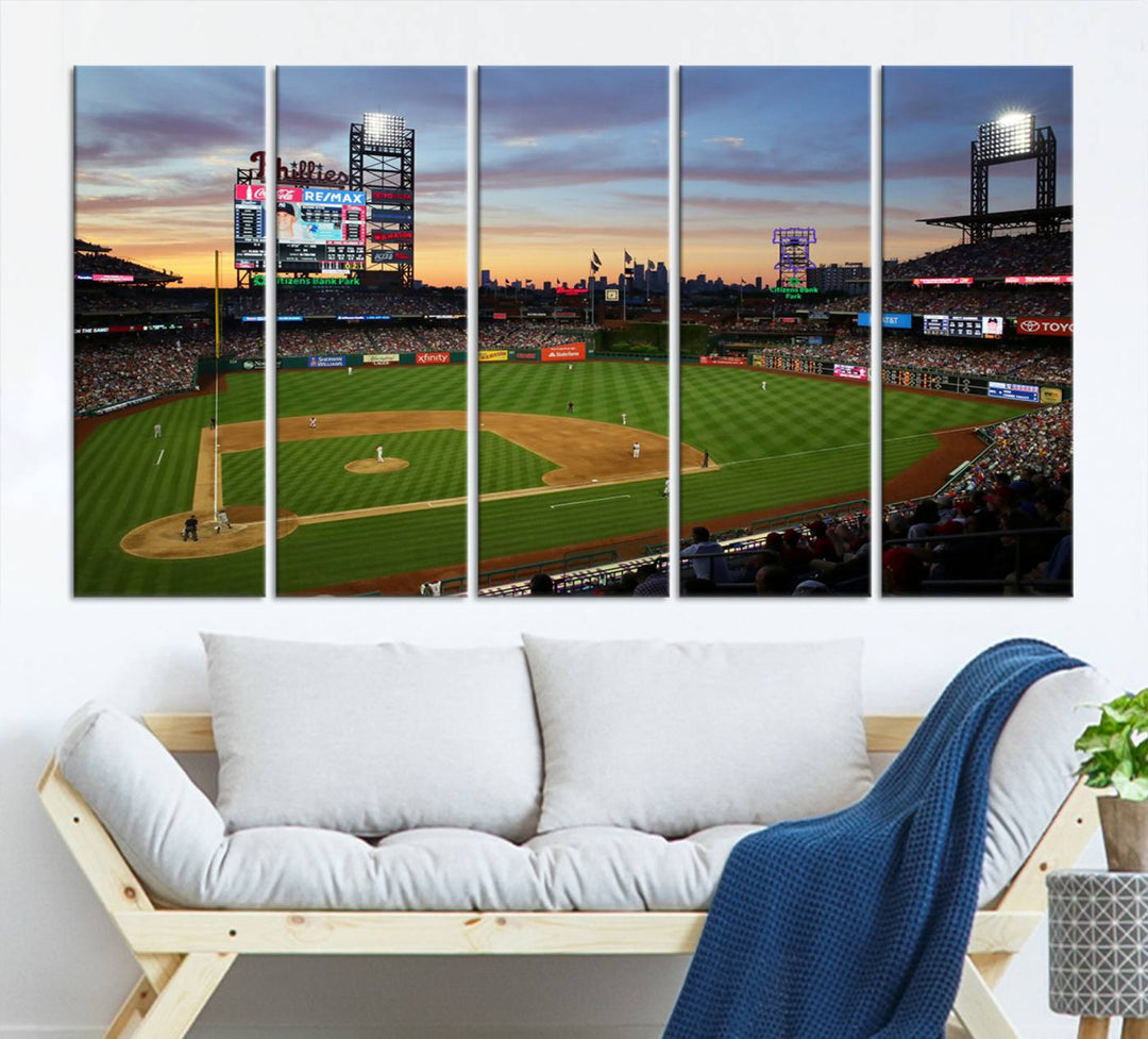 13778-MGV-CV-36X24-Citizens Bank Park Philadelphia Phillies Wall Art Canvas | 3-Panel Canvas Print of Phillies Stadium | Large Framed Baseball Wall Decor | MLB