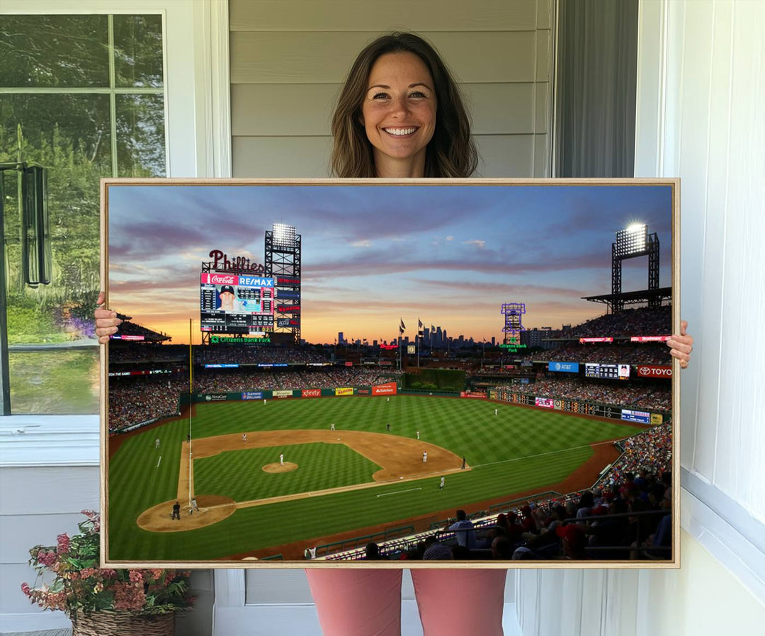 13778-MGV-CV-36X24-Citizens Bank Park Philadelphia Phillies Wall Art Canvas | 3-Panel Canvas Print of Phillies Stadium | Large Framed Baseball Wall Decor | MLB