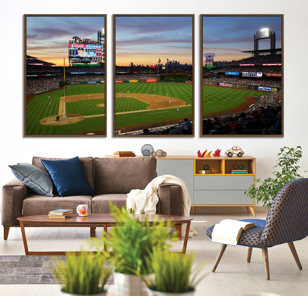 13778-MGV-CV-36X24-Citizens Bank Park Philadelphia Phillies Wall Art Canvas | 3-Panel Canvas Print of Phillies Stadium | Large Framed Baseball Wall Decor | MLB