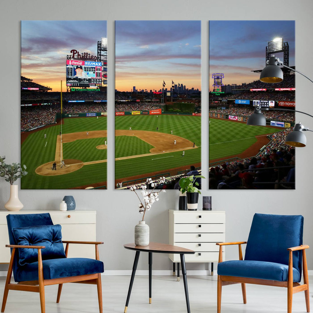 Citizens Bank Park Philadelphia Phillies Wall Art Canvas | 3-Panel Canvas Print of Phillies Stadium | Large Framed Baseball Wall Decor | MLB
