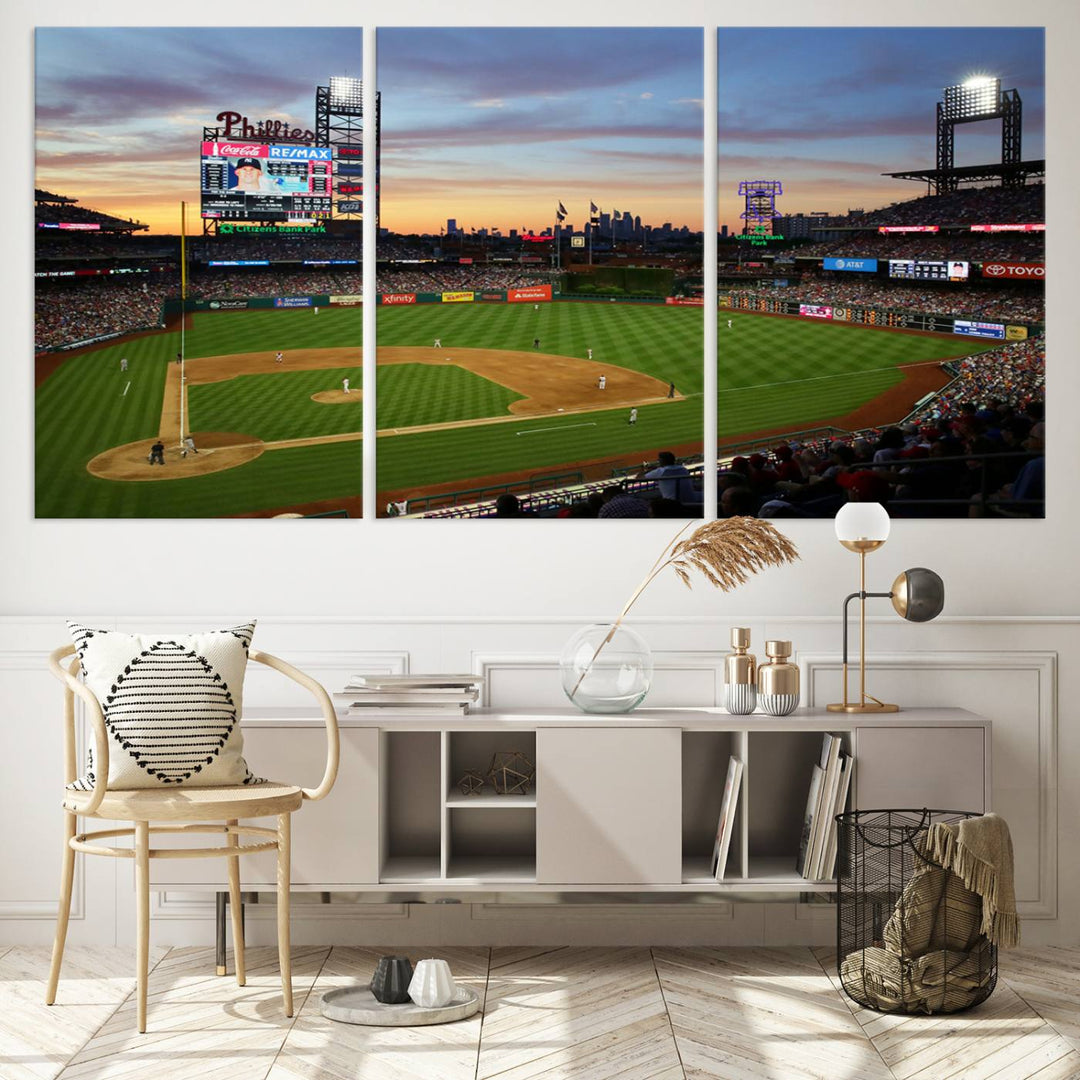 Citizens Bank Park Philadelphia Phillies Wall Art Canvas | 3-Panel Canvas Print of Phillies Stadium | Large Framed Baseball Wall Decor | MLB