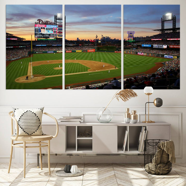 Citizens Bank Park Philadelphia Phillies Wall Art Canvas | 3-Panel Canvas Print of Phillies Stadium | Large Framed Baseball Wall Decor | MLB