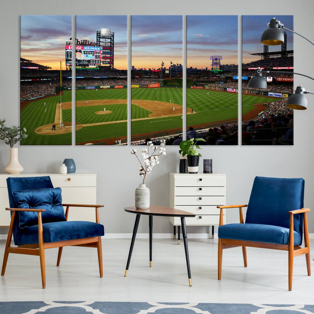 13778-MGV-CV-60X31-5P-Citizens Bank Park Philadelphia Phillies Wall Art Canvas | 3-Panel Canvas Print of Phillies Stadium | Large Framed Baseball Wall Decor | MLB