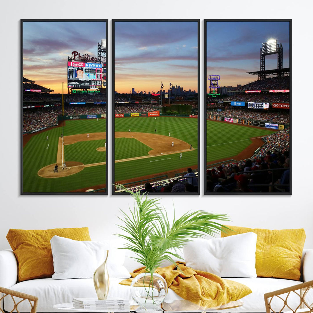 13778-MGV-FC-48X32-3P_Black-Citizens Bank Park Philadelphia Phillies Wall Art Canvas | 3-Panel Canvas Print of Phillies Stadium | Large Framed Baseball Wall Decor | MLB
