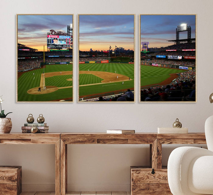 13778-MGV-FC-60X30-3P_Natural-Citizens Bank Park Philadelphia Phillies Wall Art Canvas | 3-Panel Canvas Print of Phillies Stadium | Large Framed Baseball Wall Decor | MLB