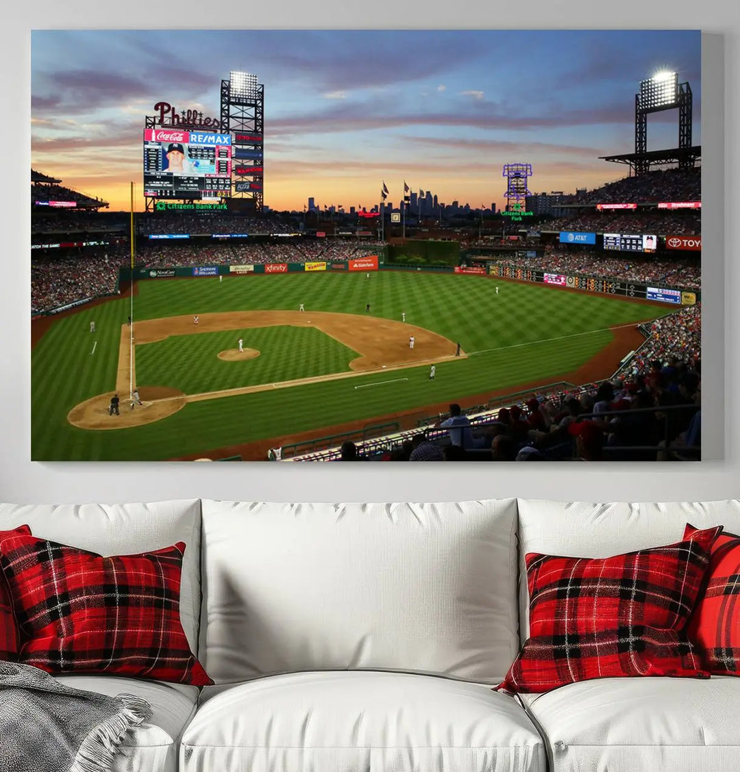 The Citizens Bank Park Philadelphia Phillies Wall Art, a 3-panel canvas print of the Phillies Stadium, is beautifully displayed and serves as a captivating centerpiece for Philadelphia Phillies fans.