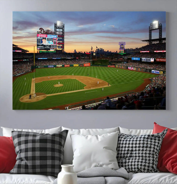 The Citizens Bank Park Philadelphia Phillies Wall Art, a 3-panel canvas print of the Phillies Stadium, is beautifully displayed and serves as a captivating centerpiece for Philadelphia Phillies fans.