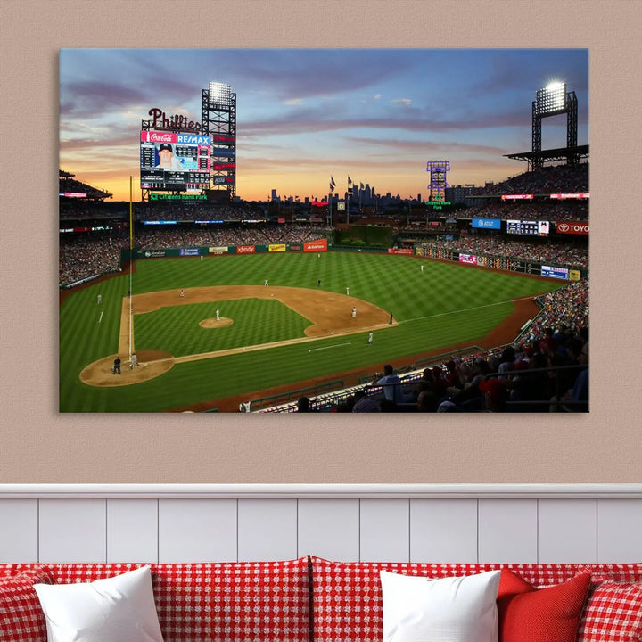 The Citizens Bank Park Philadelphia Phillies Wall Art, a 3-panel canvas print of the Phillies Stadium, is beautifully displayed and serves as a captivating centerpiece for Philadelphia Phillies fans.