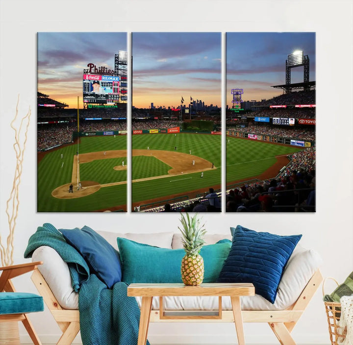 The Citizens Bank Park Philadelphia Phillies Wall Art, a 3-panel canvas print of the Phillies Stadium, is beautifully displayed and serves as a captivating centerpiece for Philadelphia Phillies fans.