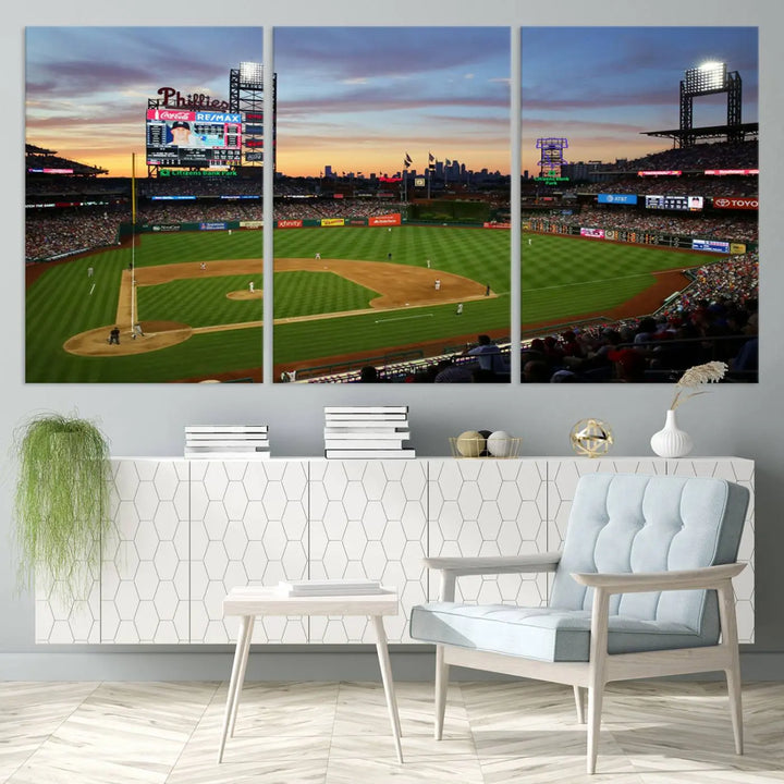 The Citizens Bank Park Philadelphia Phillies Wall Art, a 3-panel canvas print of the Phillies Stadium, is beautifully displayed and serves as a captivating centerpiece for Philadelphia Phillies fans.