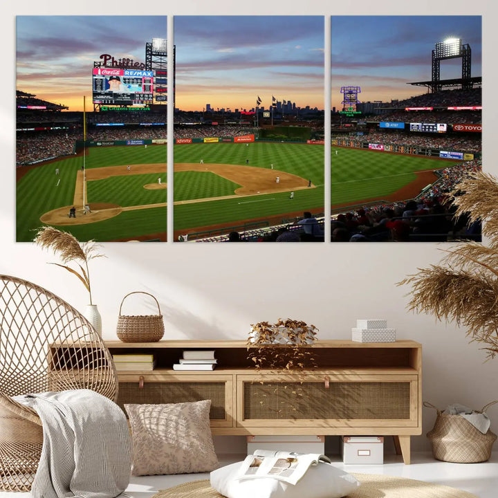 The Citizens Bank Park Philadelphia Phillies Wall Art, a 3-panel canvas print of the Phillies Stadium, is beautifully displayed and serves as a captivating centerpiece for Philadelphia Phillies fans.