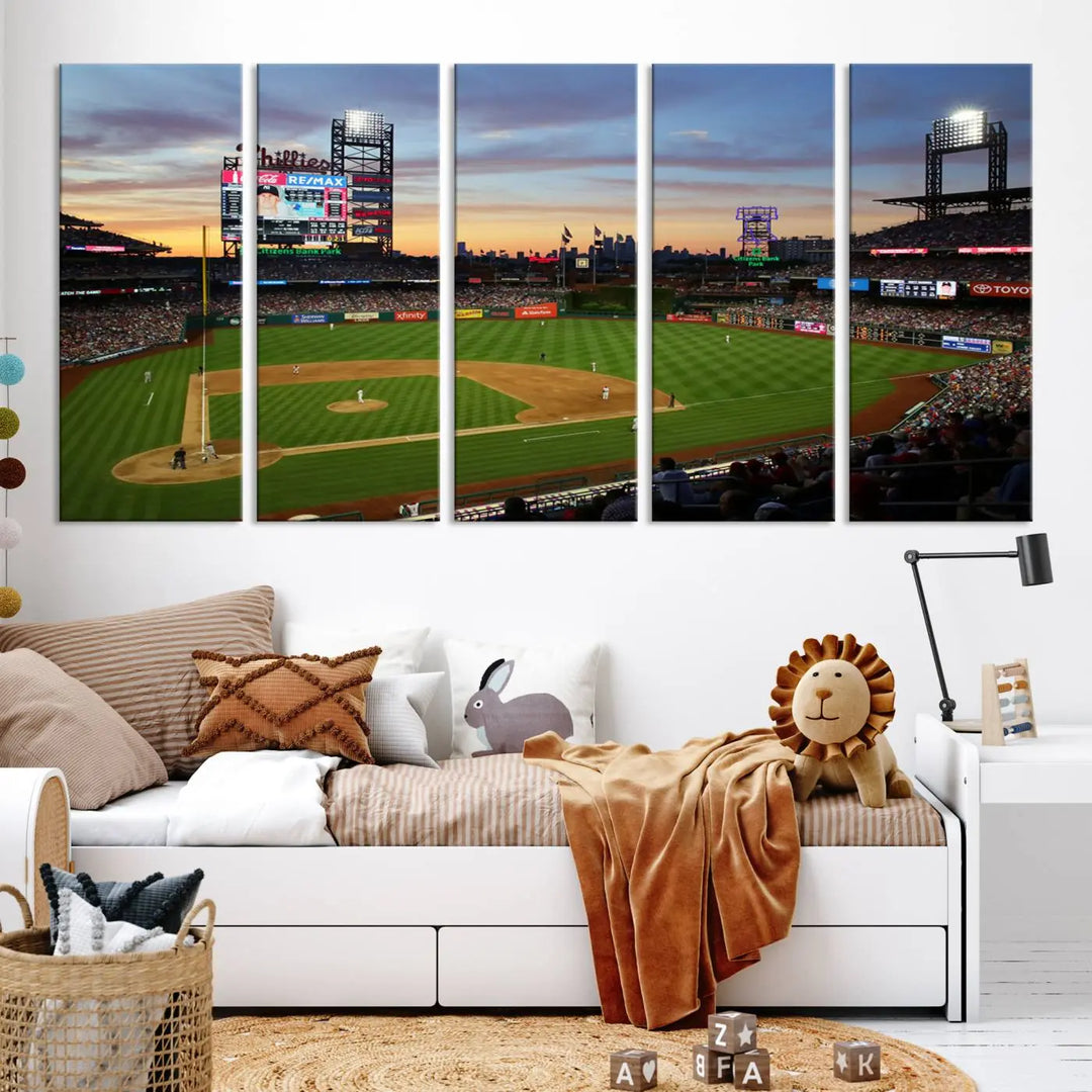 The Citizens Bank Park Philadelphia Phillies Wall Art, a 3-panel canvas print of the Phillies Stadium, is beautifully displayed and serves as a captivating centerpiece for Philadelphia Phillies fans.