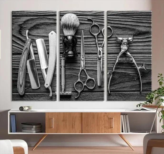 The Classic Barber Tools Wall Art Canvas Print beautifully showcases a triptych of traditional barbering essentials, such as shaving tools and scissors, set against a wooden background. This print captures the timeless charm of barber tools wall art perfectly.