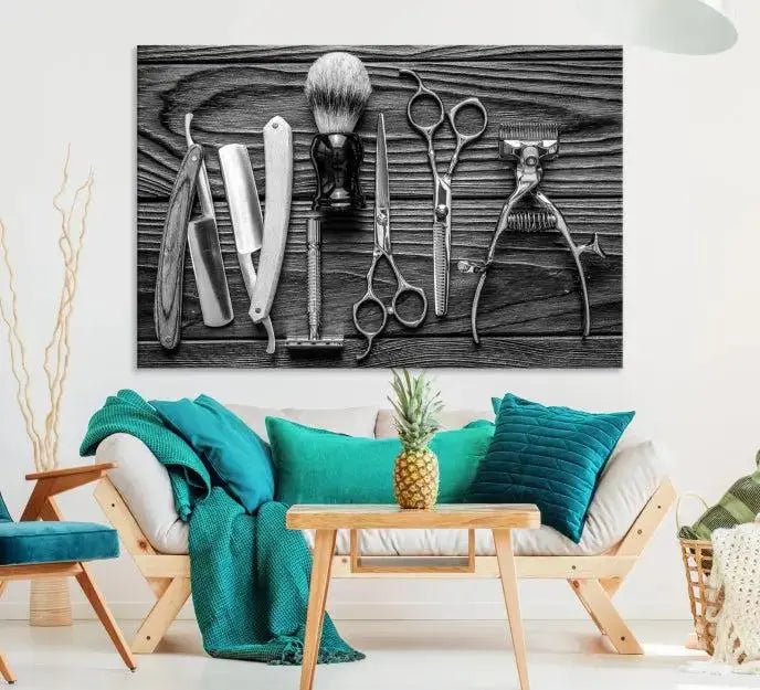 The Classic Barber Tools Wall Art Canvas Print beautifully showcases a triptych of traditional barbering essentials, such as shaving tools and scissors, set against a wooden background. This print captures the timeless charm of barber tools wall art perfectly.