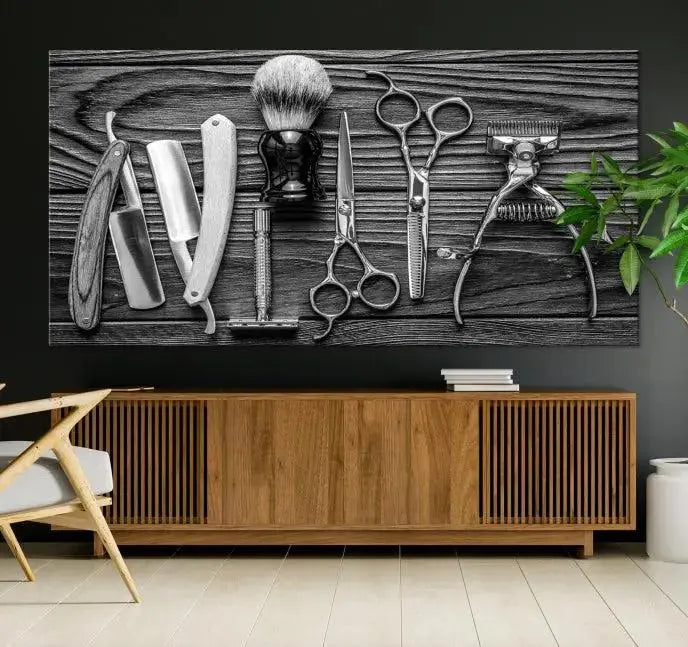 The Classic Barber Tools Wall Art Canvas Print beautifully showcases a triptych of traditional barbering essentials, such as shaving tools and scissors, set against a wooden background. This print captures the timeless charm of barber tools wall art perfectly.