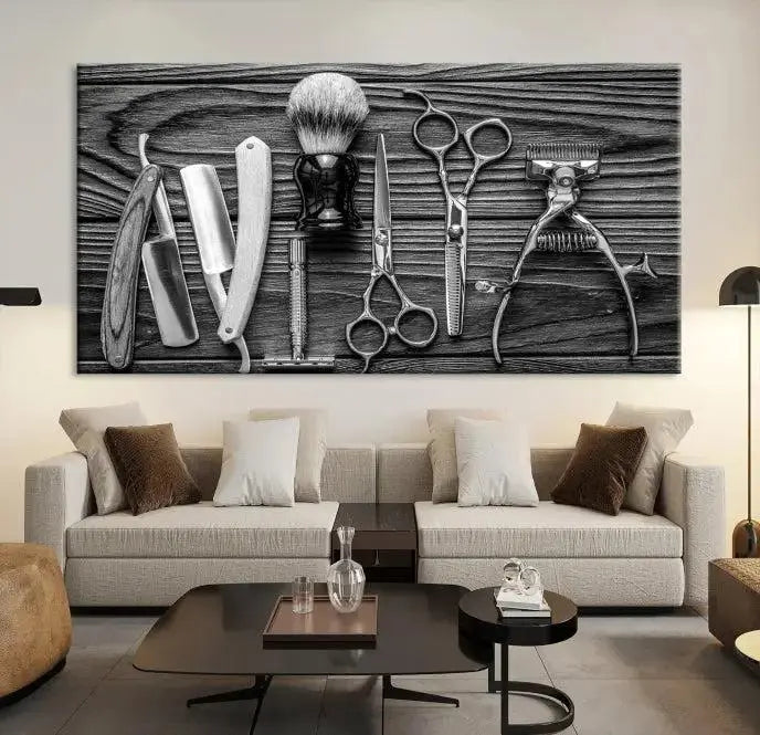 The Classic Barber Tools Wall Art Canvas Print beautifully showcases a triptych of traditional barbering essentials, such as shaving tools and scissors, set against a wooden background. This print captures the timeless charm of barber tools wall art perfectly.