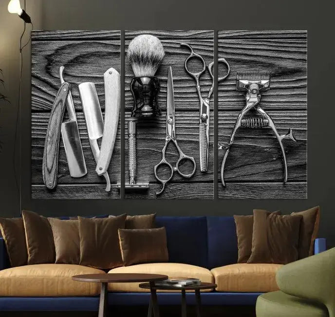 The Classic Barber Tools Wall Art Canvas Print beautifully showcases a triptych of traditional barbering essentials, such as shaving tools and scissors, set against a wooden background. This print captures the timeless charm of barber tools wall art perfectly.