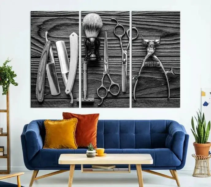 The Classic Barber Tools Wall Art Canvas Print beautifully showcases a triptych of traditional barbering essentials, such as shaving tools and scissors, set against a wooden background. This print captures the timeless charm of barber tools wall art perfectly.