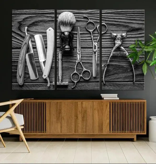 The Classic Barber Tools Wall Art Canvas Print beautifully showcases a triptych of traditional barbering essentials, such as shaving tools and scissors, set against a wooden background. This print captures the timeless charm of barber tools wall art perfectly.