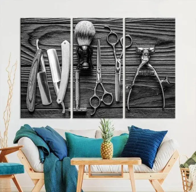 The Classic Barber Tools Wall Art Canvas Print beautifully showcases a triptych of traditional barbering essentials, such as shaving tools and scissors, set against a wooden background. This print captures the timeless charm of barber tools wall art perfectly.