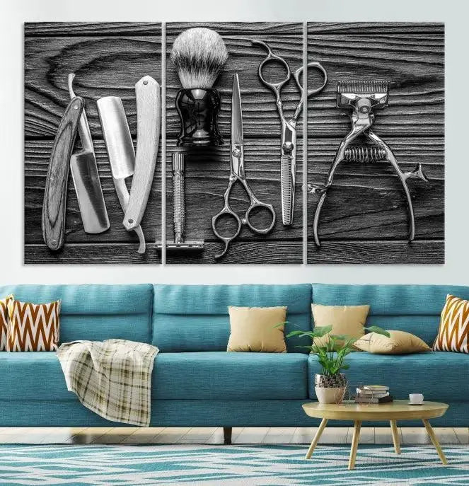 The Classic Barber Tools Wall Art Canvas Print beautifully showcases a triptych of traditional barbering essentials, such as shaving tools and scissors, set against a wooden background. This print captures the timeless charm of barber tools wall art perfectly.