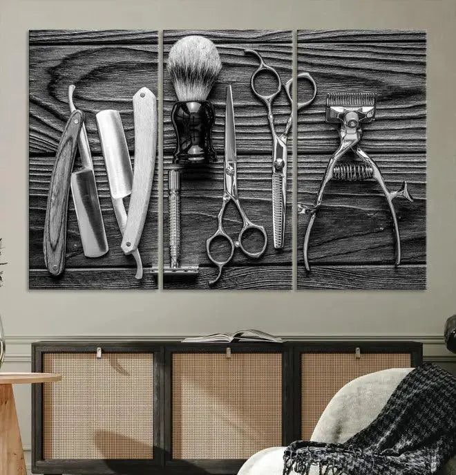 The Classic Barber Tools Wall Art Canvas Print beautifully showcases a triptych of traditional barbering essentials, such as shaving tools and scissors, set against a wooden background. This print captures the timeless charm of barber tools wall art perfectly.