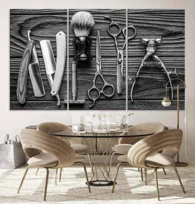 The Classic Barber Tools Wall Art Canvas Print beautifully showcases a triptych of traditional barbering essentials, such as shaving tools and scissors, set against a wooden background. This print captures the timeless charm of barber tools wall art perfectly.