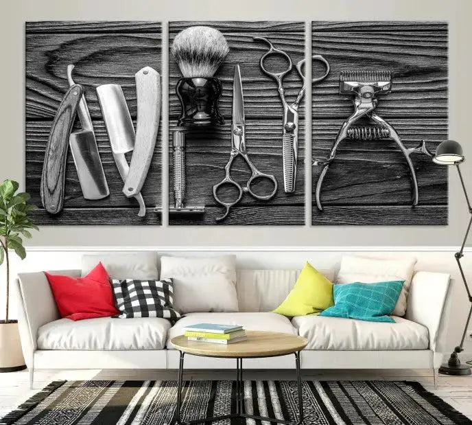 The Classic Barber Tools Wall Art Canvas Print beautifully showcases a triptych of traditional barbering essentials, such as shaving tools and scissors, set against a wooden background. This print captures the timeless charm of barber tools wall art perfectly.