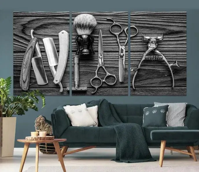 The Classic Barber Tools Wall Art Canvas Print beautifully showcases a triptych of traditional barbering essentials, such as shaving tools and scissors, set against a wooden background. This print captures the timeless charm of barber tools wall art perfectly.