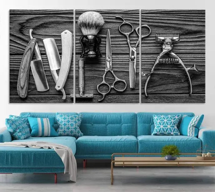 The Classic Barber Tools Wall Art Canvas Print beautifully showcases a triptych of traditional barbering essentials, such as shaving tools and scissors, set against a wooden background. This print captures the timeless charm of barber tools wall art perfectly.