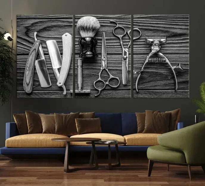 The Classic Barber Tools Wall Art Canvas Print beautifully showcases a triptych of traditional barbering essentials, such as shaving tools and scissors, set against a wooden background. This print captures the timeless charm of barber tools wall art perfectly.