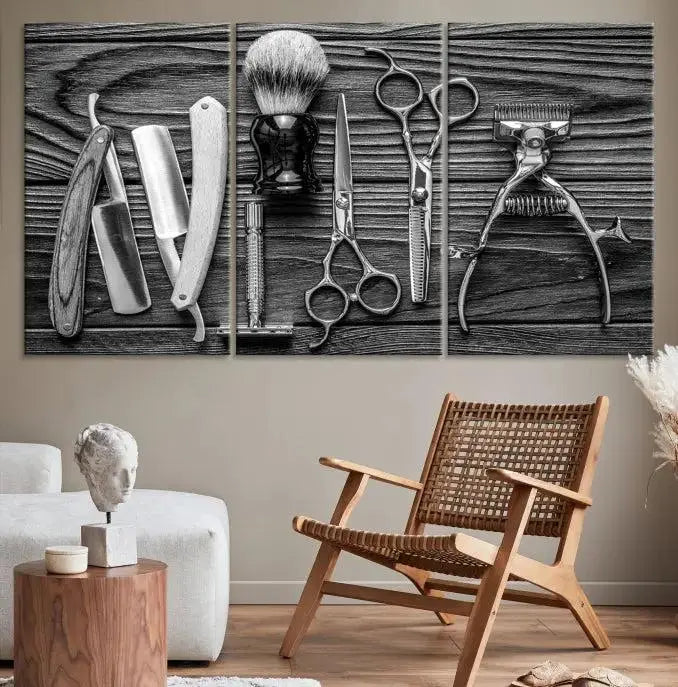 The Classic Barber Tools Wall Art Canvas Print beautifully showcases a triptych of traditional barbering essentials, such as shaving tools and scissors, set against a wooden background. This print captures the timeless charm of barber tools wall art perfectly.