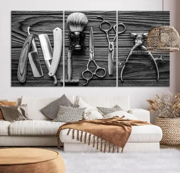 The Classic Barber Tools Wall Art Canvas Print beautifully showcases a triptych of traditional barbering essentials, such as shaving tools and scissors, set against a wooden background. This print captures the timeless charm of barber tools wall art perfectly.