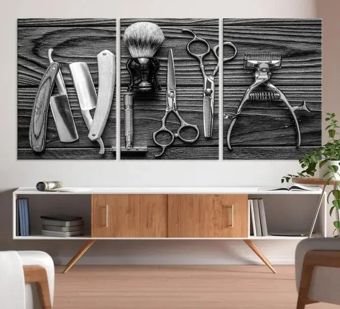 The Classic Barber Tools Wall Art Canvas Print beautifully showcases a triptych of traditional barbering essentials, such as shaving tools and scissors, set against a wooden background. This print captures the timeless charm of barber tools wall art perfectly.