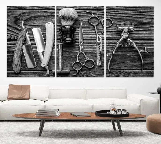 The Classic Barber Tools Wall Art Canvas Print beautifully showcases a triptych of traditional barbering essentials, such as shaving tools and scissors, set against a wooden background. This print captures the timeless charm of barber tools wall art perfectly.