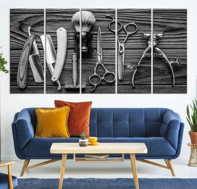 The Classic Barber Tools Wall Art Canvas Print beautifully showcases a triptych of traditional barbering essentials, such as shaving tools and scissors, set against a wooden background. This print captures the timeless charm of barber tools wall art perfectly.