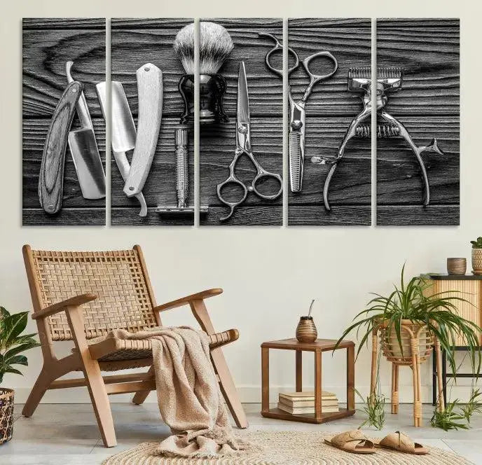 The Classic Barber Tools Wall Art Canvas Print beautifully showcases a triptych of traditional barbering essentials, such as shaving tools and scissors, set against a wooden background. This print captures the timeless charm of barber tools wall art perfectly.