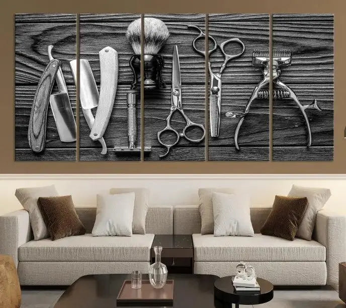 The Classic Barber Tools Wall Art Canvas Print beautifully showcases a triptych of traditional barbering essentials, such as shaving tools and scissors, set against a wooden background. This print captures the timeless charm of barber tools wall art perfectly.